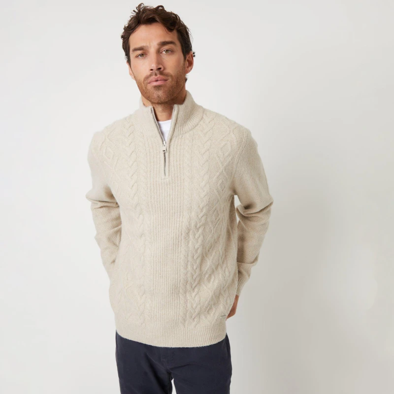 Image of Threadbare 'Rudheath' Cable Knit Detail Quarter Zip Jumper Natural