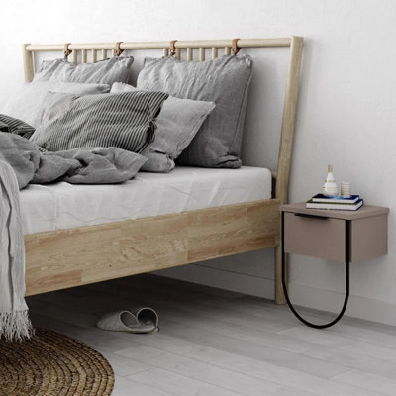 Image of FWStyle Modern 1 Door Bedside Table Cabinet Mocha Grey Wall Mounted Design White