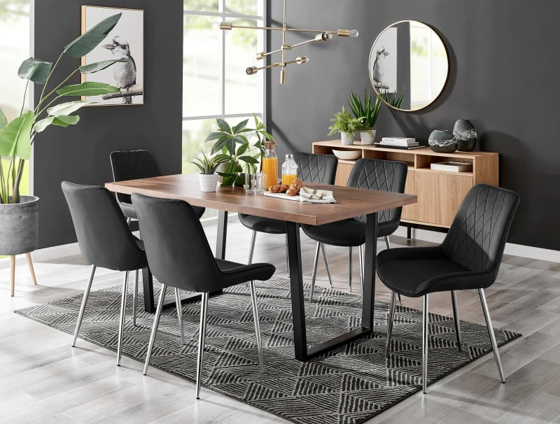 Image of FurnitureboxUK FurnitureboxUK Kylo Large Brown Wood Effect Dining Table & 6 Pesaro Velvet Silver Leg Chairs in Black One Size Unisex 50565426721
