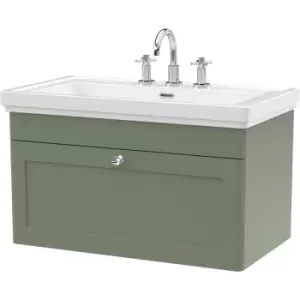 image of Nuie Classique Wall Hung 1-Drawer Vanity Unit with Basin 800mm Wide Satin Green - 3 Tap Hole