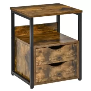 image of Homcom End Table With Shelf And Two Drawers Rustic Wood Finish