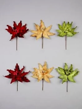 Image of Gisela Graham Traditional Poinsettia Christmas Tree Picks (Set Of 6)