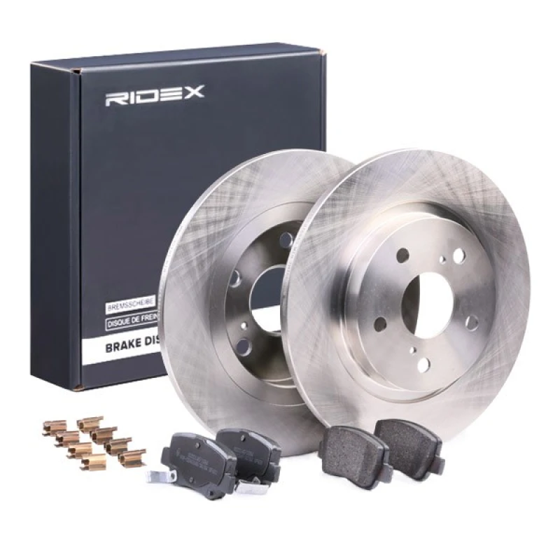 Image of RIDEX 3405B0205 Brake disc and pads set Rear Axle, Brake Disc Type: Solid, with acoustic wear warning, with anti-squeak plate Brake Set,disc brakes (