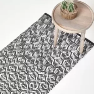 Image of Trance Black and White Diamond Pattern Recycled Fibre Rug, 66 x 200cm - Black - Homescapes