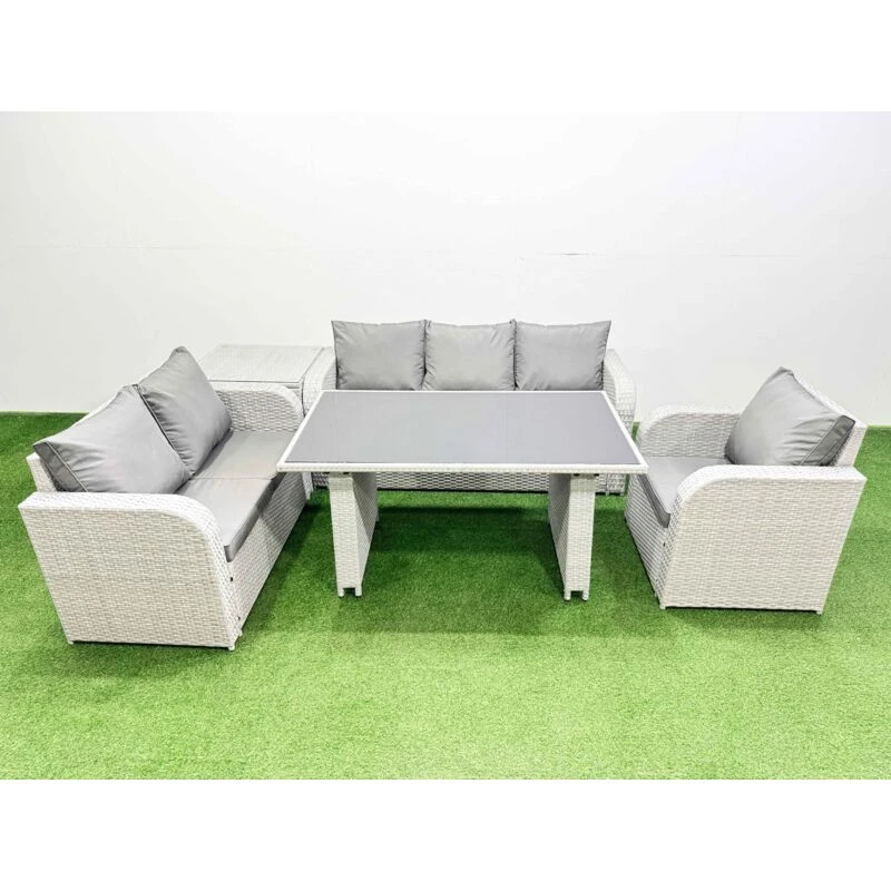 Image of Fimous Rattan Outdoor Sofa Set with Side Table Light Grey 6 Seater Light Grey Unisex