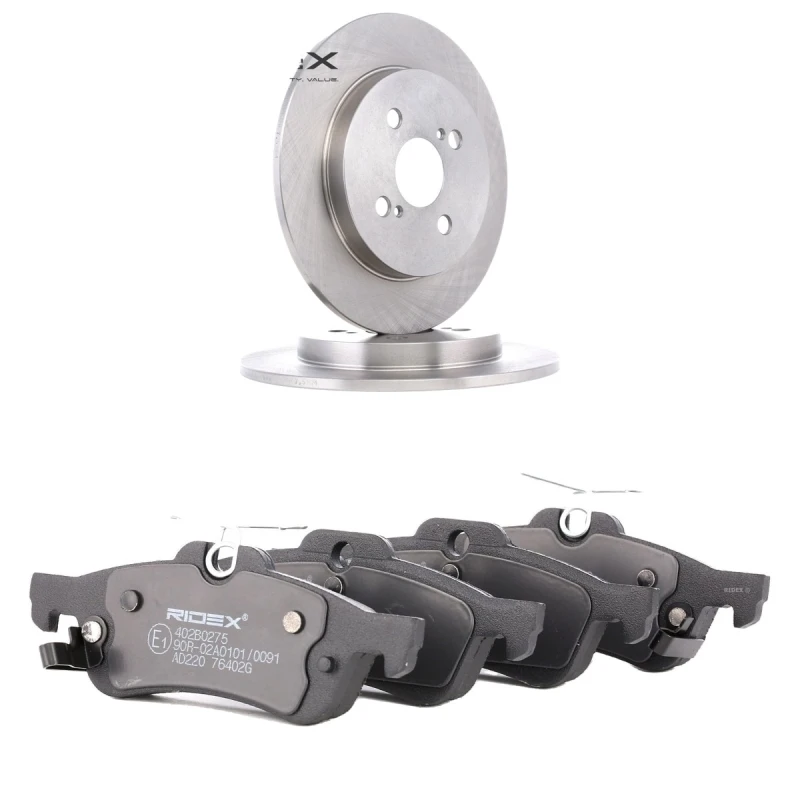 Image of RIDEX 3405B2456 Brake disc and pads set Rear Axle, Brake Disc Type: Solid, with acoustic wear warning Brake Set,disc brakes (3405)