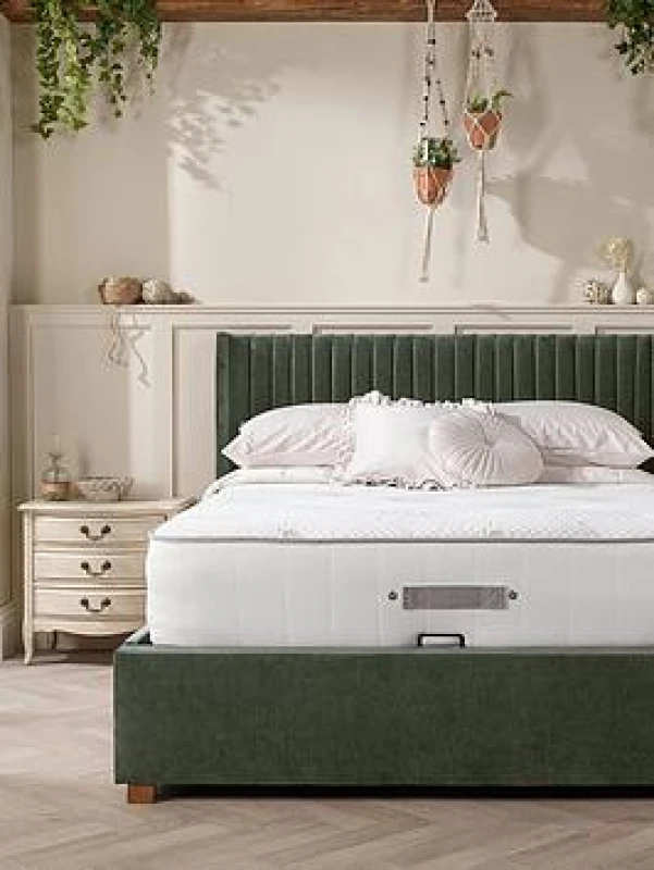 Image of CATHERINE LANSFIELD Soho Upholstered Wing Headboard Ottoman Storage Bed with vertical Lines Moss Green Tissu SMALL DOUBLE (120 x 190cm)
