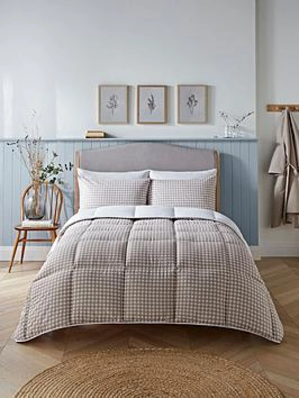 Image of NIGHT LARK 4.5 Tog Gingham Coverless Duvet and Pillowcase Set taupe SINGLE (135X200cm)
