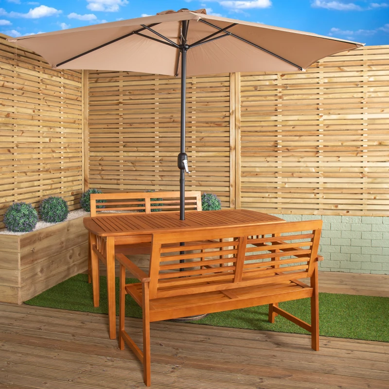 Image of Outdoor 4 Person Rectangular Wooden Garden Table, 2 Benches with Beige Havana Parasol & Base