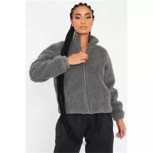 Image of I Saw It First Charcoal Zip Front Borg Jacket - Grey