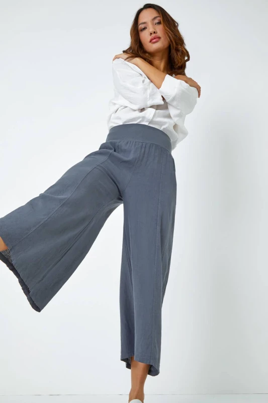 Image of Roman Linen Blend Stretch Waist Culottes Navy