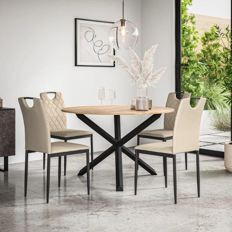 Image of More4Homes Malvern Round Dining Table & Chairs - Oak Table Top w Solid Oak Black Legs + Monza Faux Leather Dining Chair Set Of 4 in Beige Beige Unisex