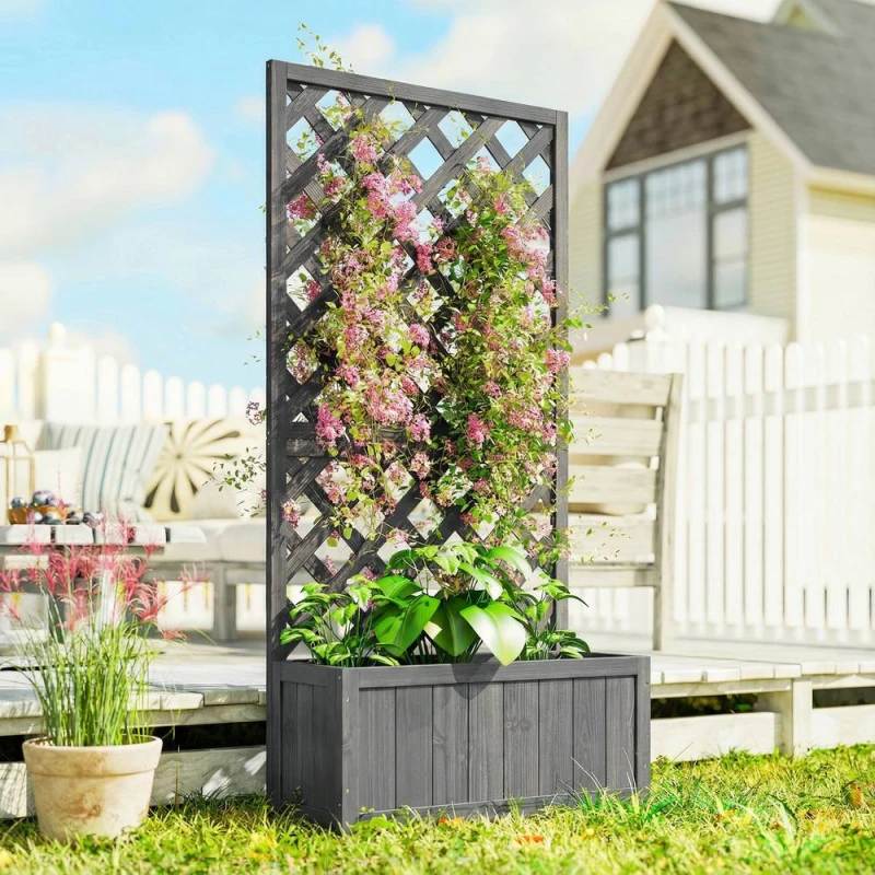 Image of OUTSUNNY Wood Planter with Trellis for Climbing Plants, Grey Grey Unisex