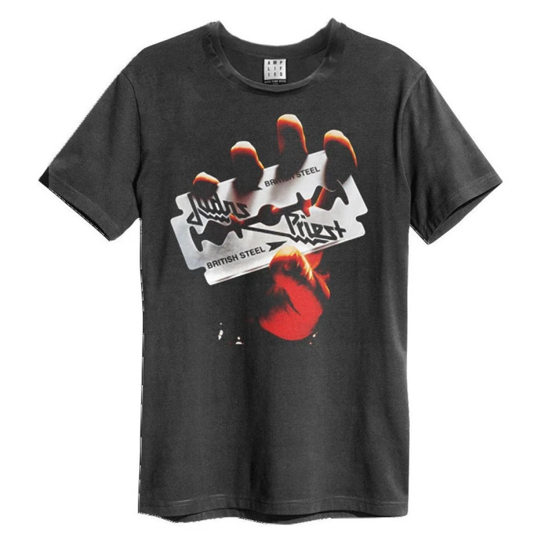 Image of Amplified Amplified Men British Steel Judas Priest T-Shirt in Charcoal Size: Small Charcoal S Male 5063470091720