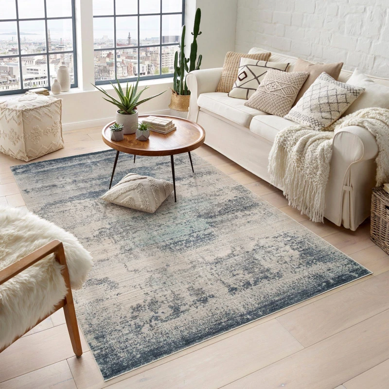 Image of Maia Washable Low Pile Non Slip Mist Abstract Area Rug - Navy, 120 X 180 Cm (Rectangular)