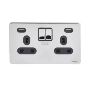 Image of Schneider USFP 2G Switched Socket Double Pole 2x USB 4A Black Insert Polished Chrome - GGBGU3424DBPC
