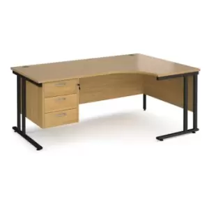 image of Office Desk Right Hand Corner Desk 1800mm With Pedestal Oak Top With Black Frame 1200mm Depth Maestro 25 MC18ERP3KO