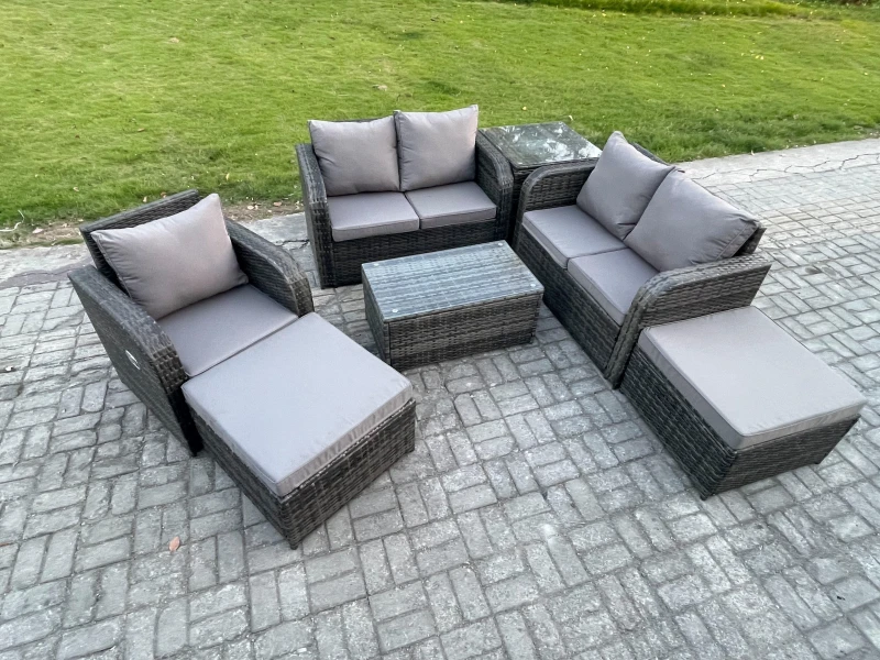Image of Fimous 7 Seater High Back Rattan Garden Furniture Set with Loveseat Sofa Coffee Table 2 Big Footstool Side Table Indoor Outdoor Patio Lounge Sofa Set