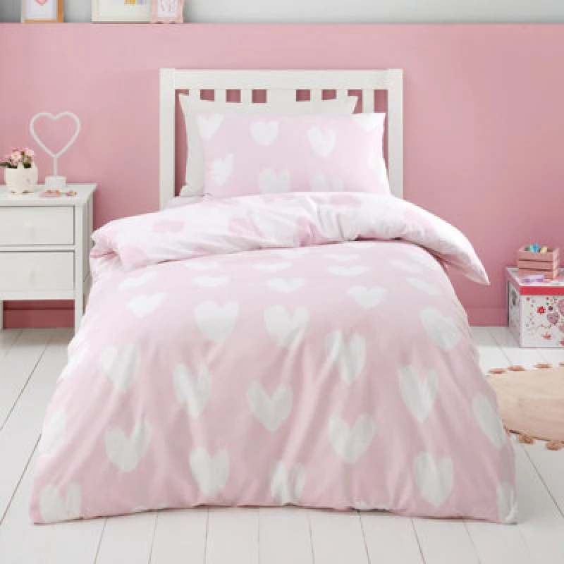 Image of Catherine Lansfield Brushed Cotton Hearts Reversible Duvet Cover Set With Pillowcases Pink
