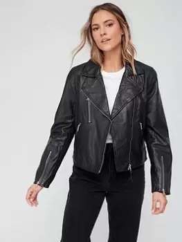 Image of Superdry Studios Leather Biker Jacket - Black, Size 10, Women