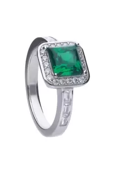 image of Sterling Silver Emerald Green Square Cubic Zirconia with Pave Set Surround Ring