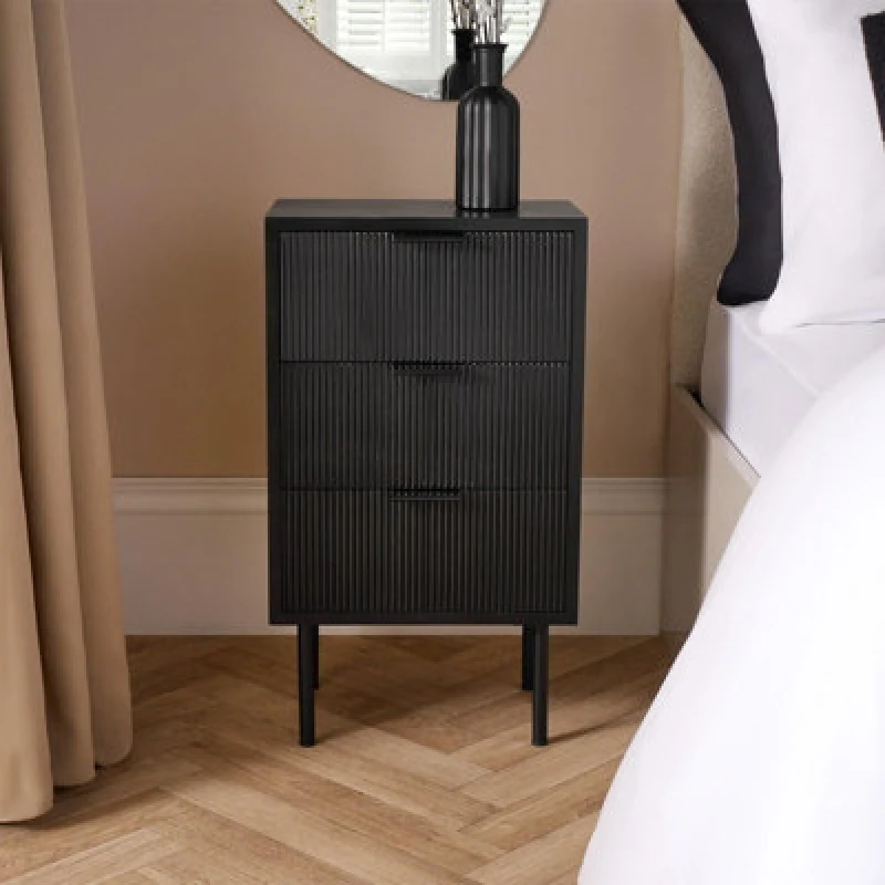 Image of OHS OHS Ribbed Bedside Table Modern Bedroom 3 Draw Office Nightstand in Black One Size Unisex 5027434198535