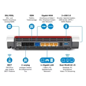 image of FRITZ!Box 7590 - WiFi 5 (802.11ac) - Dual Band (2.4 GHz / 5 GHz) - Ethernet LAN - 3G - Grey - Red - White - Tabletop Router