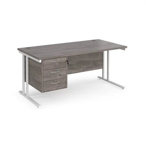 Image of Maestro 25 straight desk 1600mm x 800mm with 3 drawer pedestal - white cantilever leg frame, grey oak top