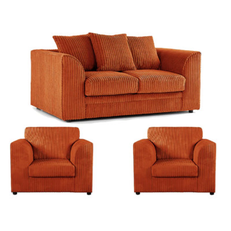Image of Furnishings For Less UK Luxor Jumbo Cord 2 + 1 + 1 Fabric 3 Piece Sofa Suite - Scatter Back Orange