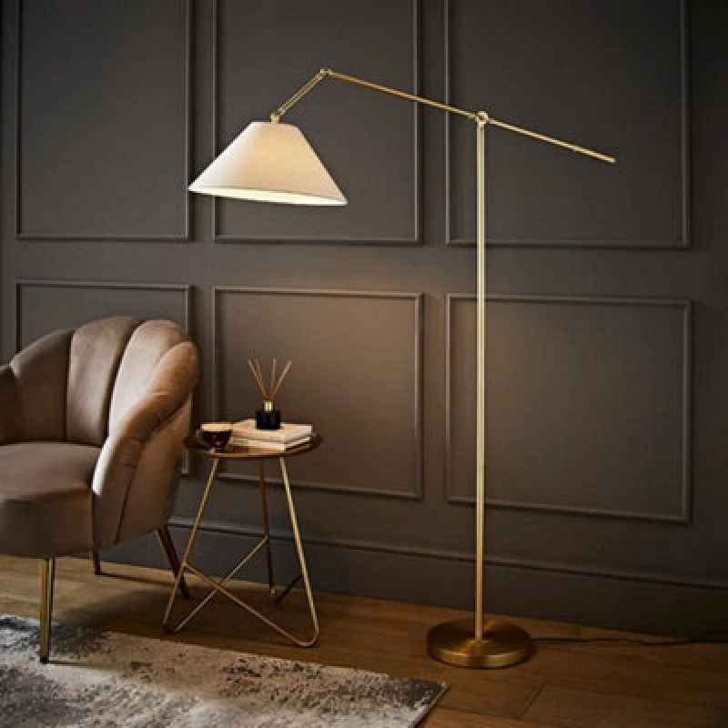 Image of ValueLights ValueLights Layla Adjustable Angled Floor Lamp with Tapered Linen Lamp Shade in Gold Gold One Size Unisex 5016529273127