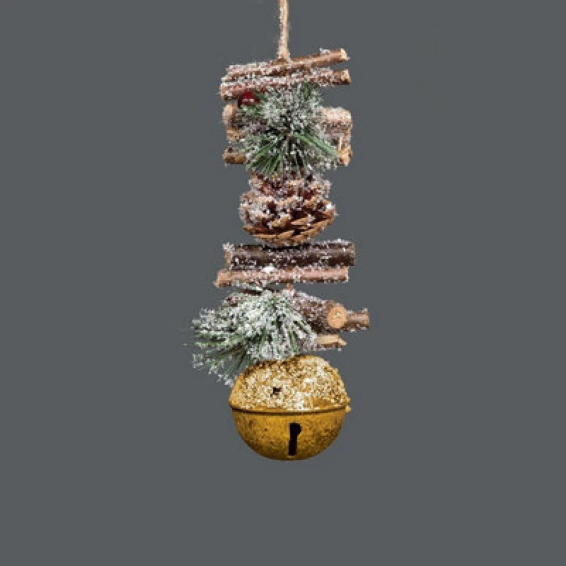 Image of Shatchi Hanging Decoration with Jingle Bells Wooden Sticks, Berries and Pinecones Christmas Home Wall Door 33cm Golden Gold