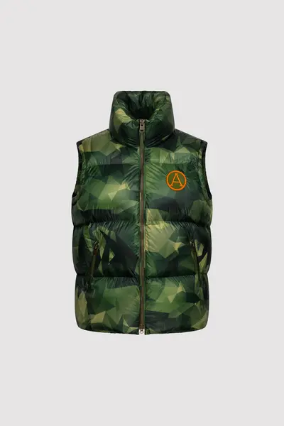 image of Arctic Army Mens Gilet In Green Camo Print - S RDS Down Filled 100% Nylon Cire Fleece Lined Pockets