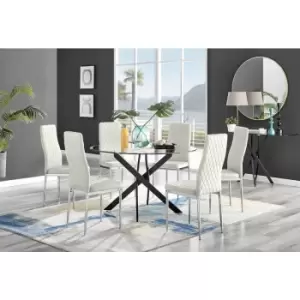 Image of Furniturebox UK - Furniturebox Novara Black Leg 120cm Round Glass Dining Table & 6 Cream Milan Velvet Dining Chairs Diamond Stitch Modern