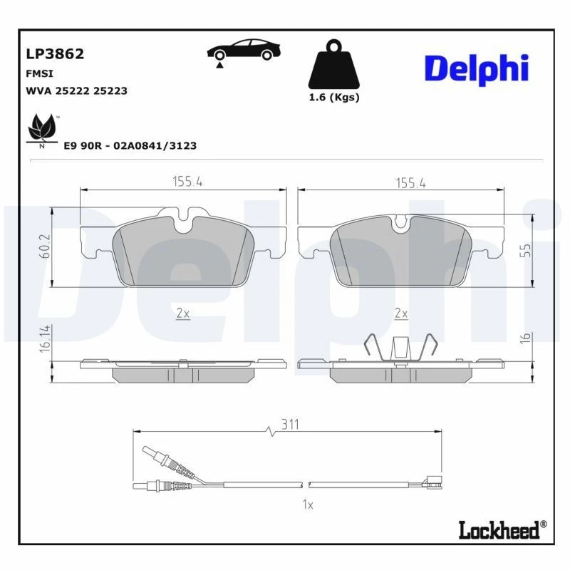 Image of DELPHI Brake pad set DELPHI LP3862