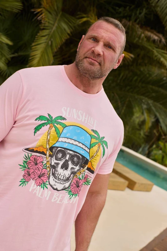 Image of BadRhino BadRhino Men 'Sunshine Palm Beach' Graphic T-Shirt in Light Pink Size: X-Large Light Pink 1XL Male 5063589047229