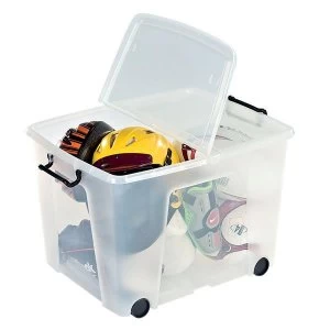 image of Strata Smart Box Clip On Folding Lid Carry Handles with Black Wheels 75 Litre Capacity Clear Single