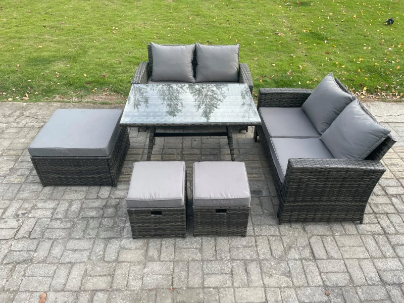 Image of Fimous 7 Seater Garden Dining Set Wicker PE Rattan Outdoor Furniture Sofa with Rectangular Dining Table Double Seat Sofa 3 Footstools in Dark Grey Dar