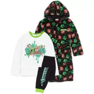 image of Minecraft Childrens/Kids Boom! Dressing Gown & Pyjama Set (10-11 Years) (White/Black/Green)