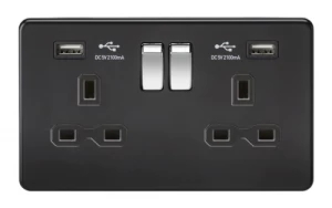 image of KnightsBridge 13A 2G Matt Black 2G Switched Socket with Dual 5V USB Charger Ports - Black Insert