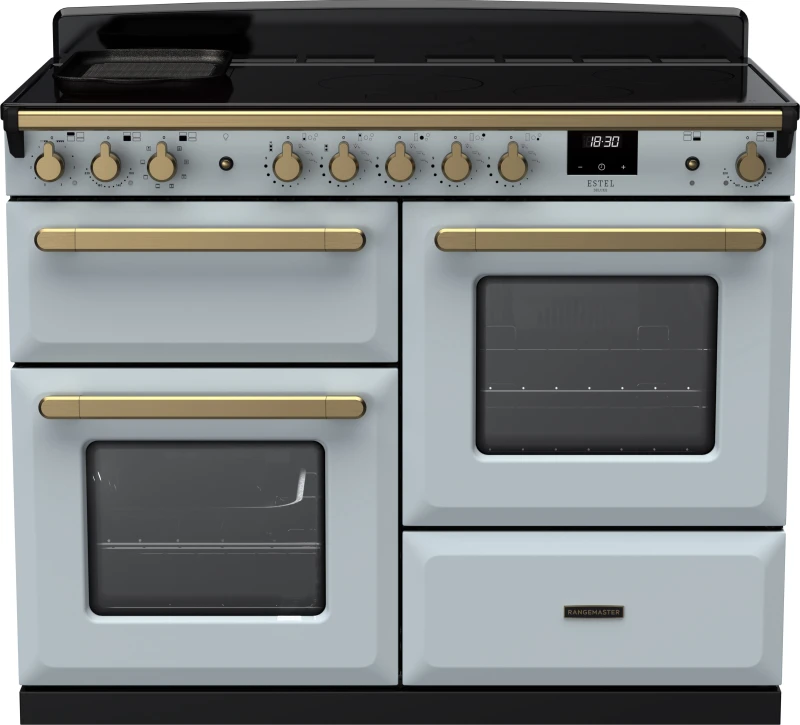 Image of Rangemaster Estel Deluxe ESDLO110EIPMSB/AB1 110cm wide Electric Range Cooker with Induction Hob - Misty Blue / Antique Brass - A Rated