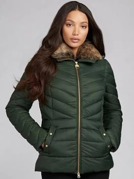 Image of Barbour International Simoncelli Detachable Faux Fur Collar Fitted Quilted Jacket - Green, Size 14, Women