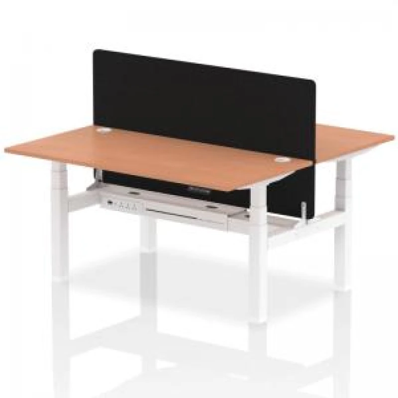 Image of Air Back - to - Back 1600 x 800mm Height Adjustable 2 Person Bench Office Desk Beech Top - Cable Ports White Frame - Black Straight Screen