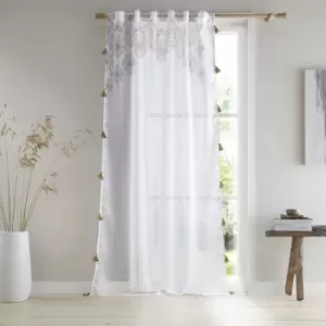 image of Ariana Tasselled Tab Top Curtain Panel, White/Natural, 55 x 48" - Pineapple Elephant