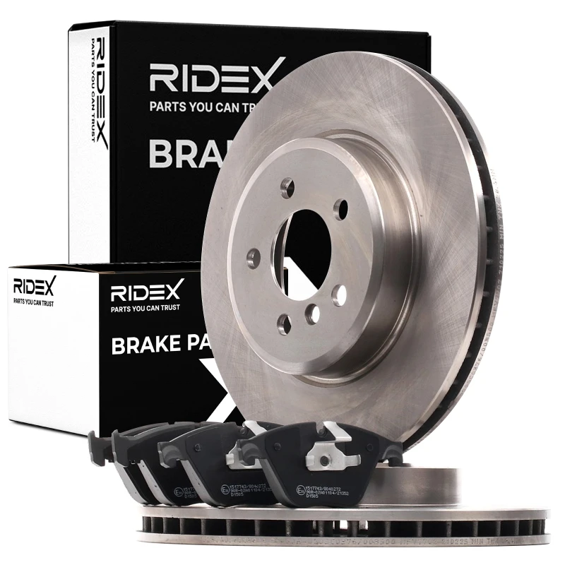 Image of RIDEX 3405B1148 Brake disc and pads set Front Axle, Brake Disc Type: Vented, prepared for wear warning indicator, with piston clip Brake Set,disc bra