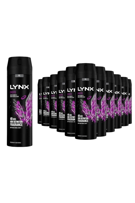 Image of Lynx Mens Excite Body Spray XL 48-Hour HD Fragrance Deodorant, 200ml 12Pack in Black Male