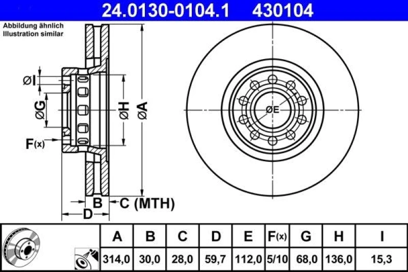 Image of ATE 24.0130-0104.1 Brake disc Vented, Coated, High-carbon Brake Disc (82)