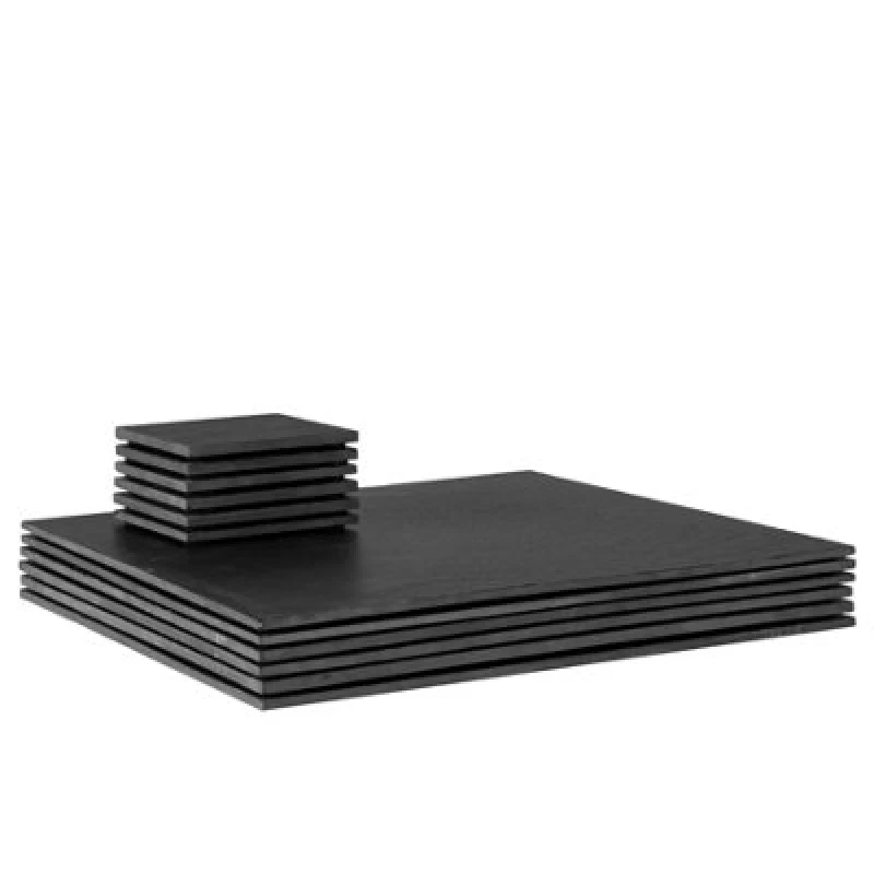 Image of Argon Tableware 12Pc Linea Square Slate Placemats & Coasters Set - Black Natural Stone Dinnerware Plate Placemats Drink Mats