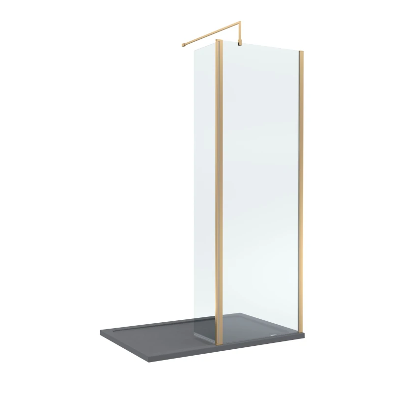 Image of Balterley 8mm Glass Wetroom Screen, Return Brushed Brass and Tray 1200 x 900mm Grey