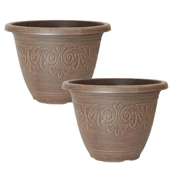 image of YouGarden Pair of Round Laurel Planters (13) - Brushed Butt 24x33x33cm Brown 40000205000