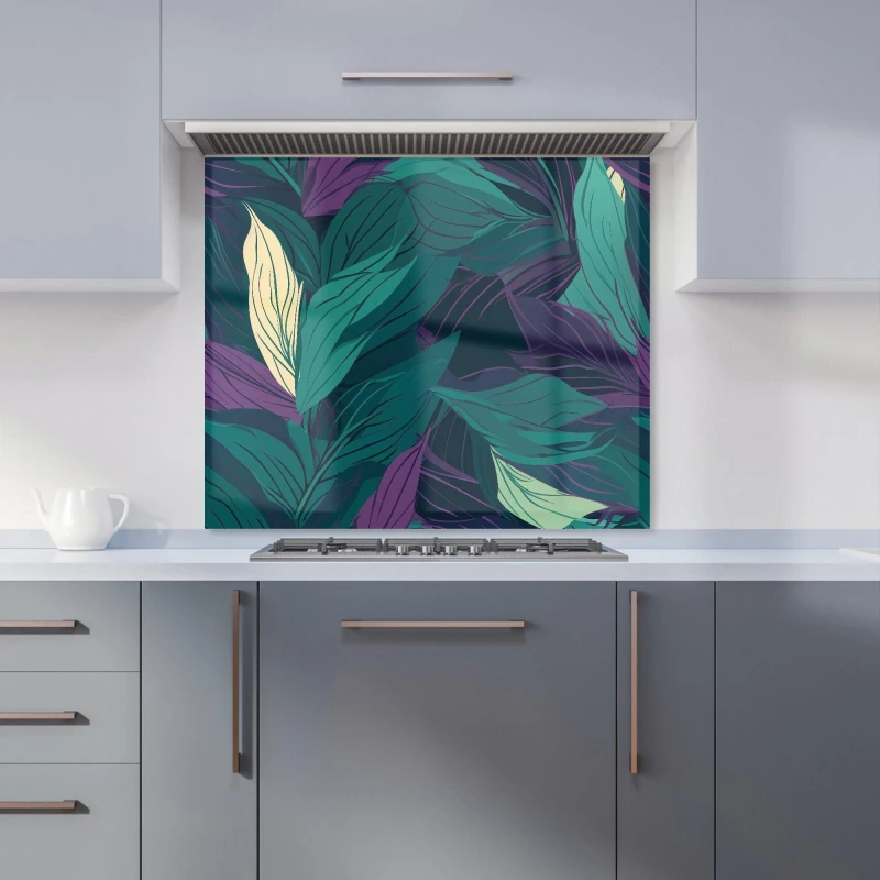 Image of Warren Reed - Designer Green Purple Tropical Leaves Kitchen Splashback Size: 600mm x 750mm Green Unisex 600mm x 750mm